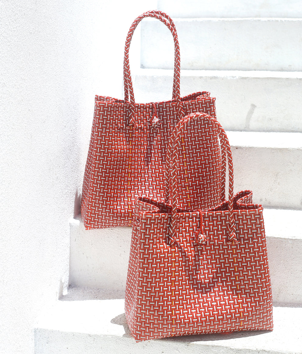 The Toko Recycled Woven Tote Bag in Red & White