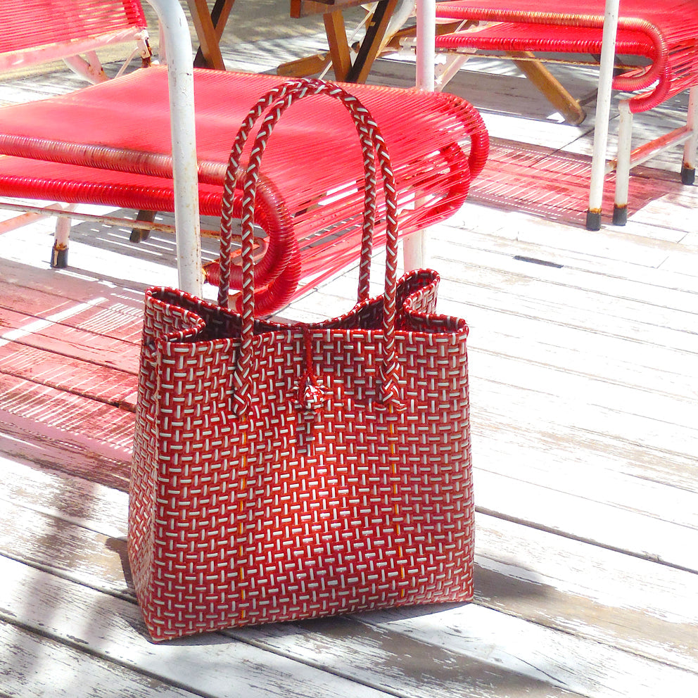 The Toko Recycled Woven Tote Bag in Red & White
